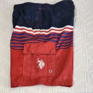 POLO swim Shorts Trunks‎ Men L Red White Blue Striped  Lined Elastic  Waist